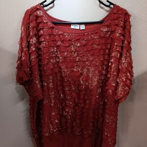Cato Red Ruffled Top with Metallic Gold Accents Size 22/24W